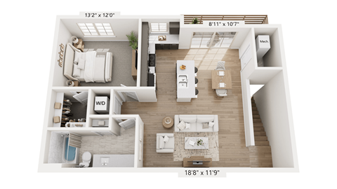 A floor plan of a two-bedroom apartment with a living room, kitchen, and bathroom.